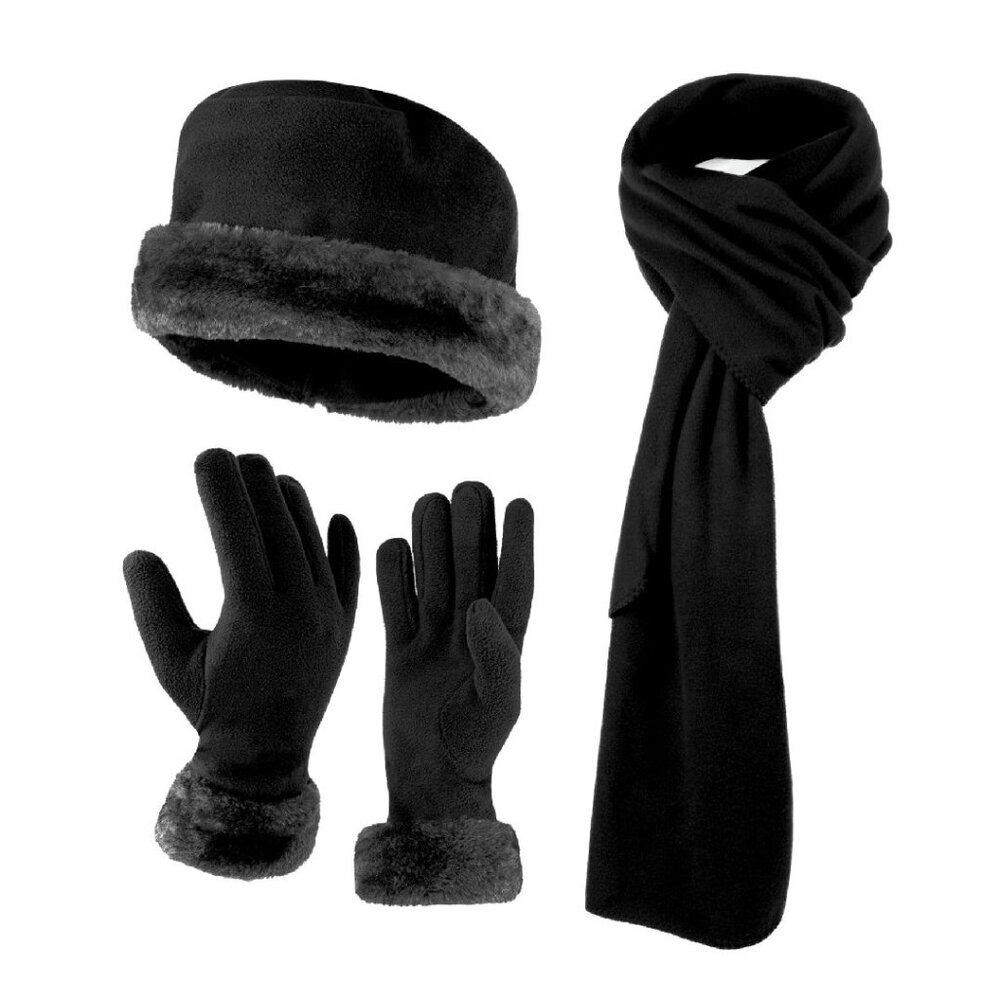 Women's Fleece Winter Hat & Glove Set - Warm Plush Fur Trim